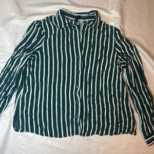 H&M Emerald and White Vertical Striped Button-Up Blouse